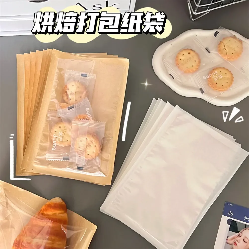 50pcs Kraft Paper with Window Bread Packaging Bags Oil-proof Breakfast Cookie Breat Supplies Party Food Toast Clear Celebrate