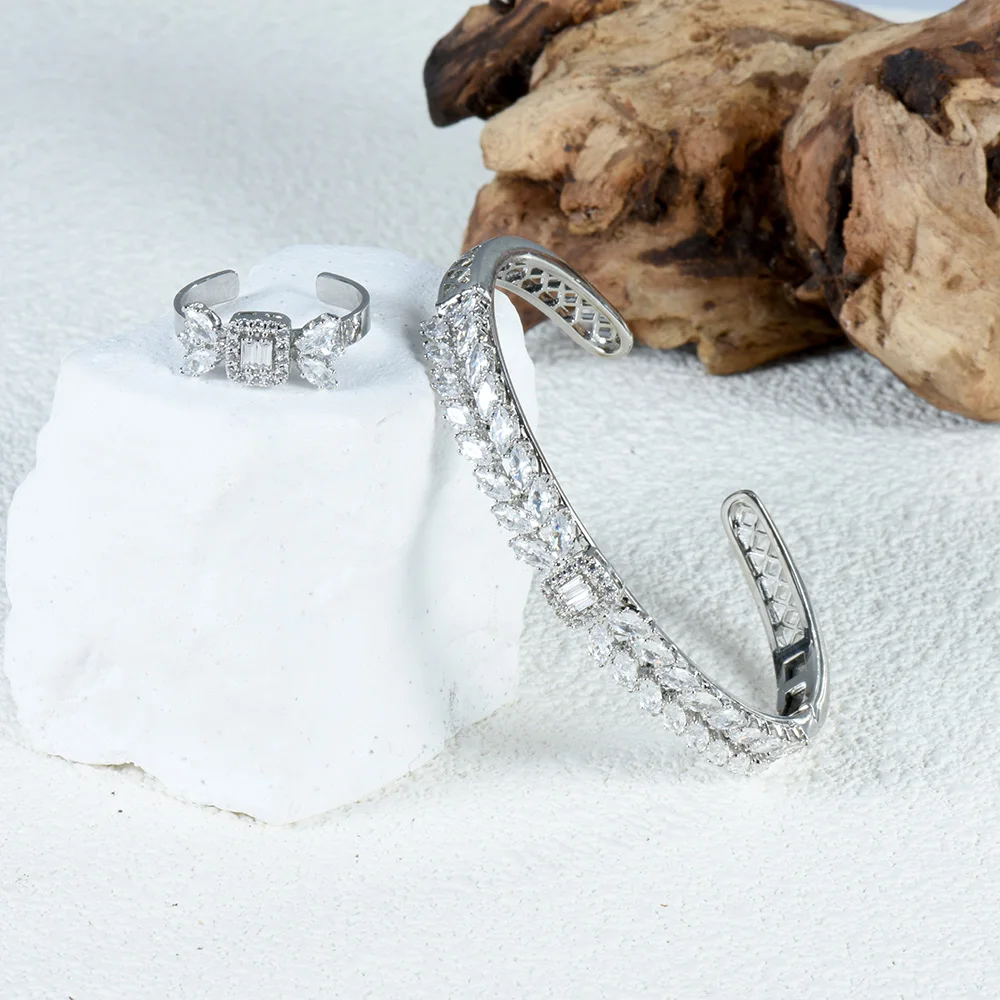

HIBRIDE Luxury 2PCS Dubai Bangle Ring Set Fashion Jewelry Sets For Women Wedding Engagement brincos para as mulheres S-211