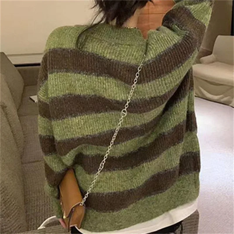 Sweater  Jumper V-neck Fasionable Autumn Winter Chic Striped Chill Knittted Korean Fashion Loose