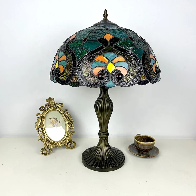 Blue Vintage Tiffany-Style 16-Inch Stained Glass Table Lamp with Baroque Chandelier Shade Ideal Dining Room Lighting Unique Gift