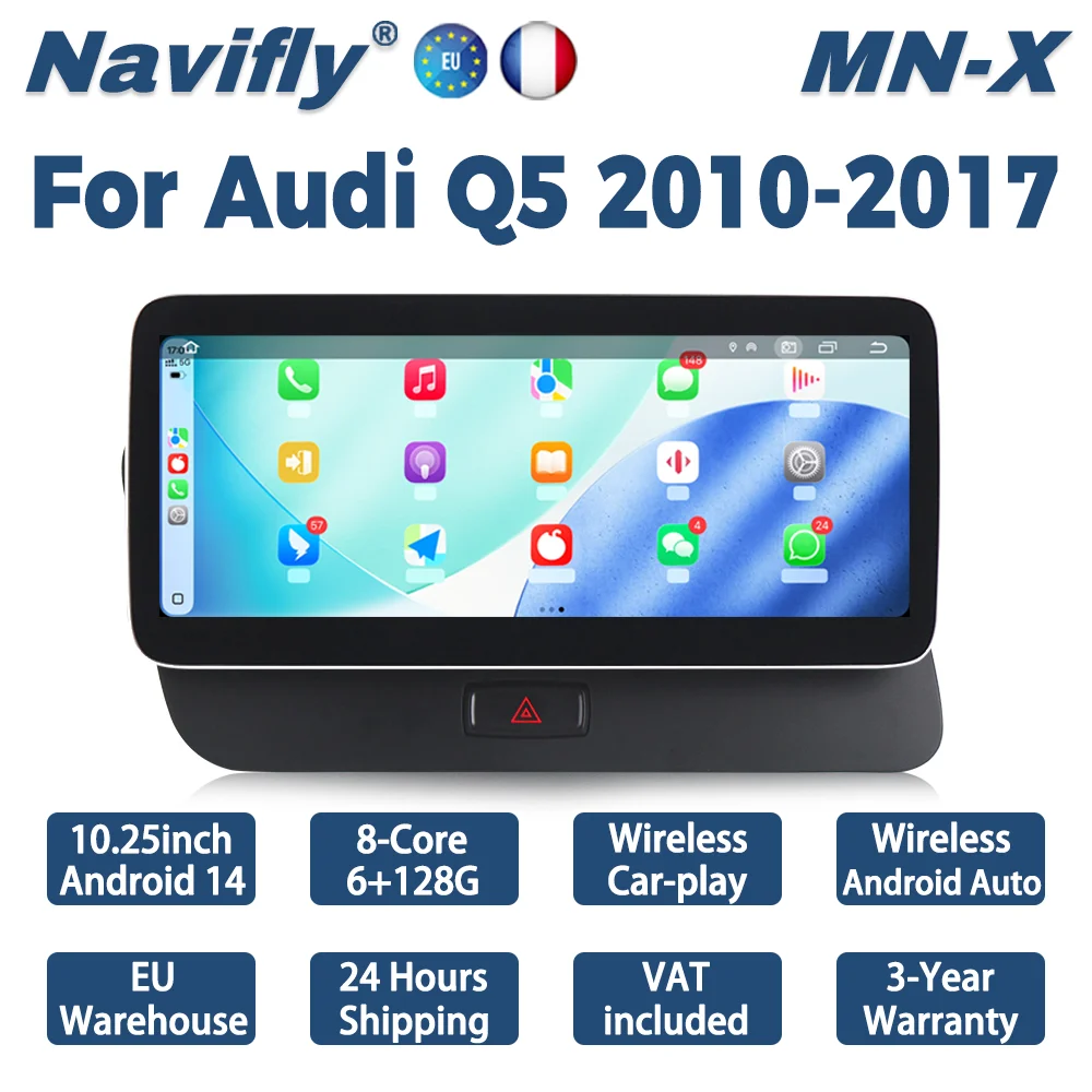 Navifly para Audi Q5 8R 2009-2017 10,25 pulgadas Radio de coche Android 14 reproductor Multimedia navegación GPS inalámbrico CarPlay Android Auto 1