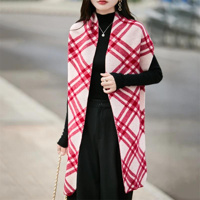 100%Merino Wool Shawl Scarf Women's Joker Warm Long Shawl Fashion Diamond Color Matching Thick Scarf Autumn and Winter New Shawl