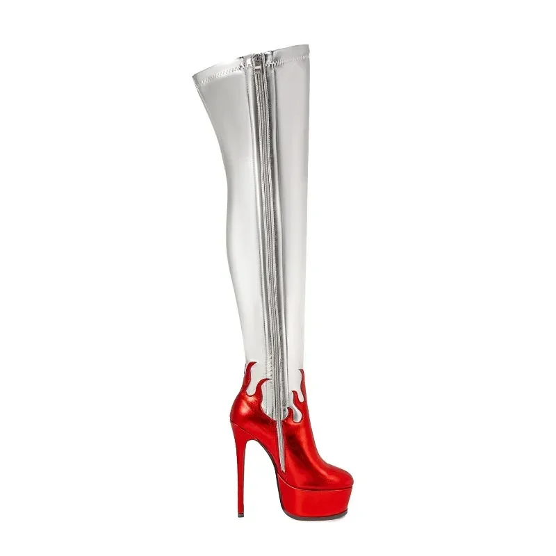 European and American Night Style Big Round Head Super High Heel Water Platform Sexy Flame Elastic Plus Size Knee Boots