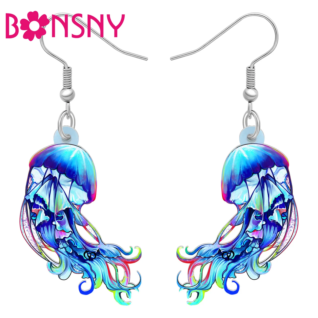 Bonsny Acrylic Blue Jellyfish Earrings Fish Decorations Dangle Drop Charms Novelty Fashion Jewelry For Women Kids Gift Accessory