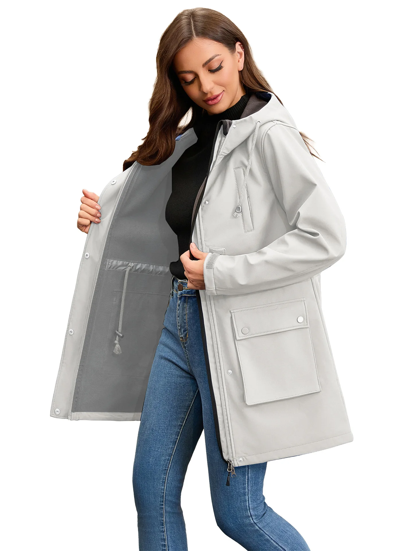 Women's Hooded Multi-Pocket Windbreaker Fleece Lined Raincoat Autumn Winter European Size Women's Wear