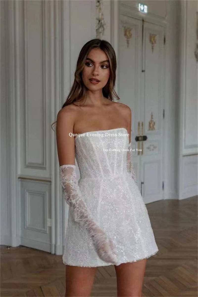 Qunque Glitzer-Tüll-Mini-Hochzeitskleid, schulterfrei, maßgeschneidertes Brautkleid, Schnür-Hochzeitskleider für Frauen, Vestidos De Novia