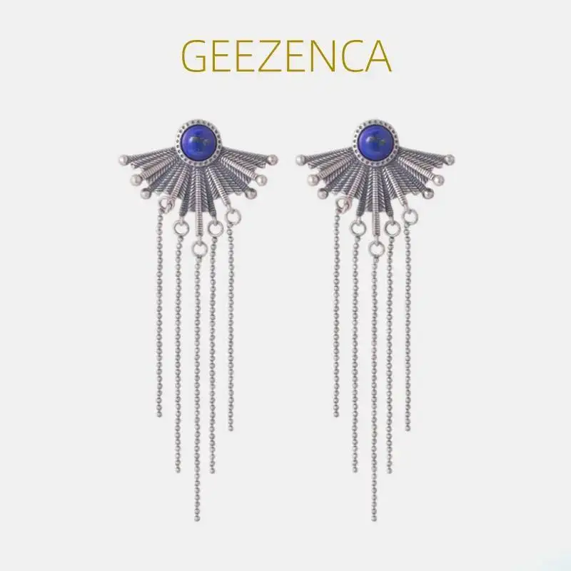 

GEEZENCA 925 Sterling Silver Lapis Lazuli Beads Chain Tassel Dangle Earrings For Women Ethnic Geometric Earrings 2023 New Gift