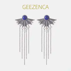 GEEZENCA 925 Sterling Silver Lapis Lazuli Beads Chain Tassel Dangle Earrings For Women Ethnic Geometric Earrings 2023 New Gift