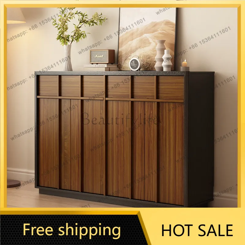 YJ Modern Minimalist Skeleton Line Solid Wood Shoe Cabinet Walnut Color Flat Door Entryway Storage Cabinet Home Furniture
