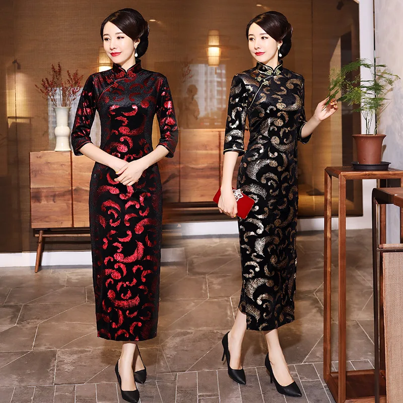 

Winter Pleuche Cheongsam Long Daily Banquet Mid-Length 3/4 Sleeve plus Size Mom Wear