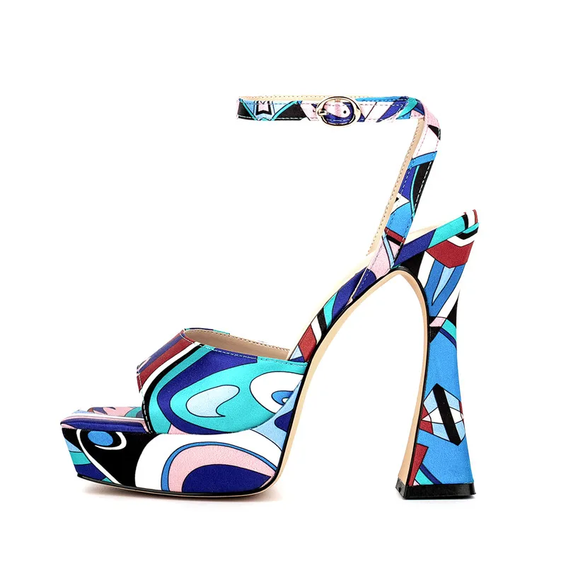 Summer Open-Toe Print Sandals, Super-High Heel Graffiti, Women's Waterproof Platform, Color Buckle Sandals, Gold Sequin Shoes 45