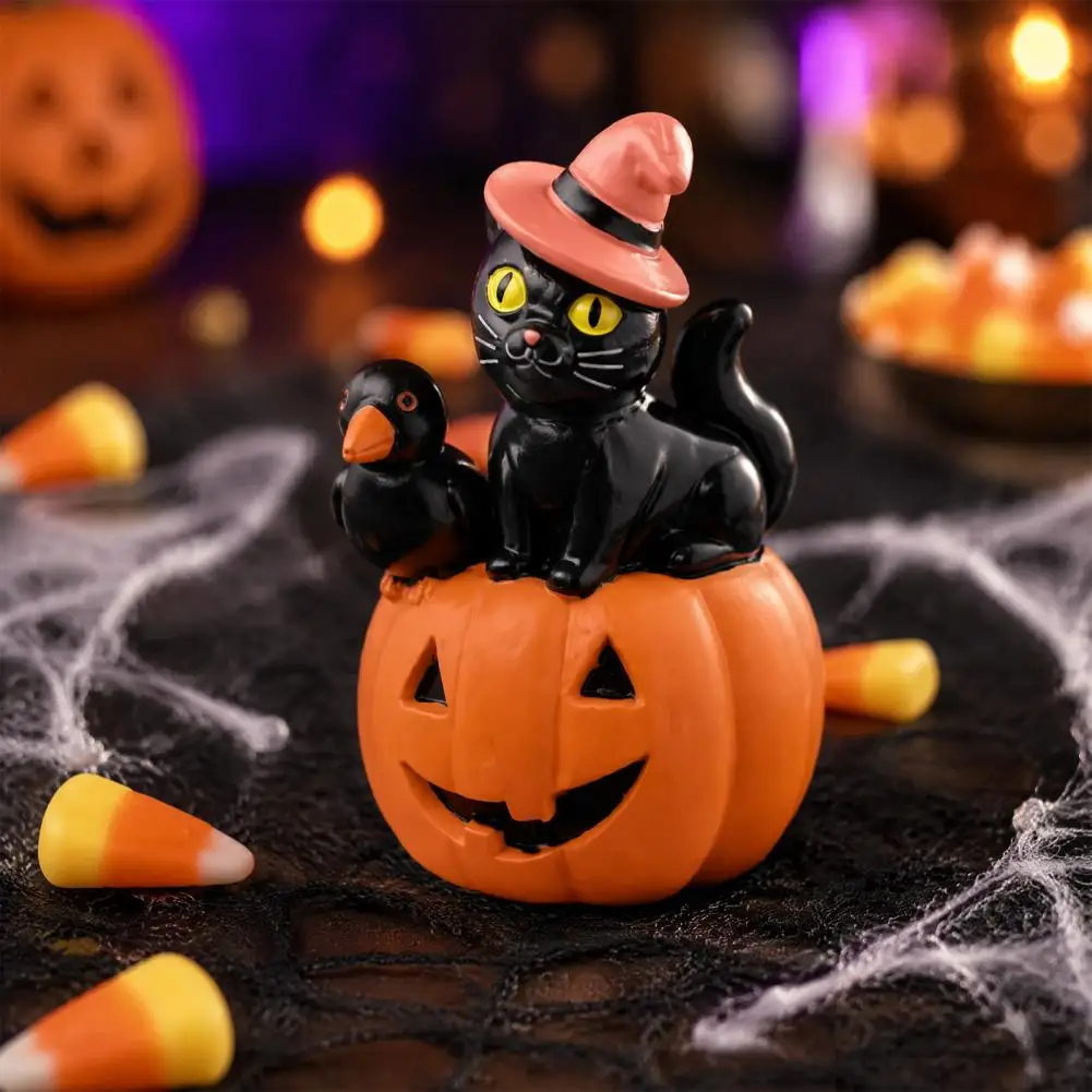 Halloween Decorative Ornaments Halloween Cat Pumpkin Figurine Retro Black Cat Stacked Pumpkin Resin Decoration Vintage for Home.