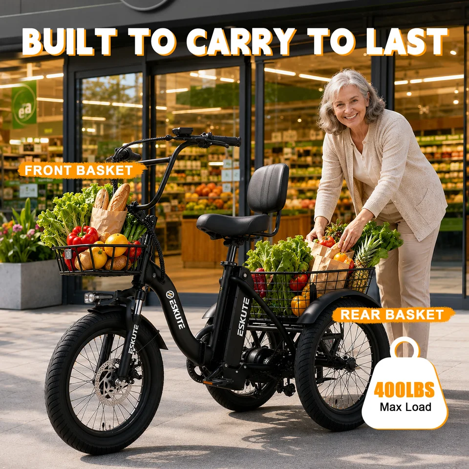 ESKUTE T300 E Trike Electric Bike, Peak Brushless Motor Folding Trike 18X3.0 Fat Tire Ebike, 624Wh Removable Battery, Step-Thru 3 Wheel Electric Bicycle, Up to 65 Miles, 18MPH+ Tricycle for Adults image 13