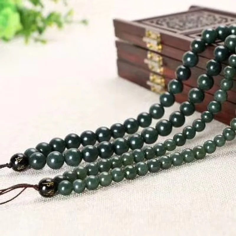 Hotan Green Jade Round Loose Beads 108-Piece Buddhist Bead Chain Accessories