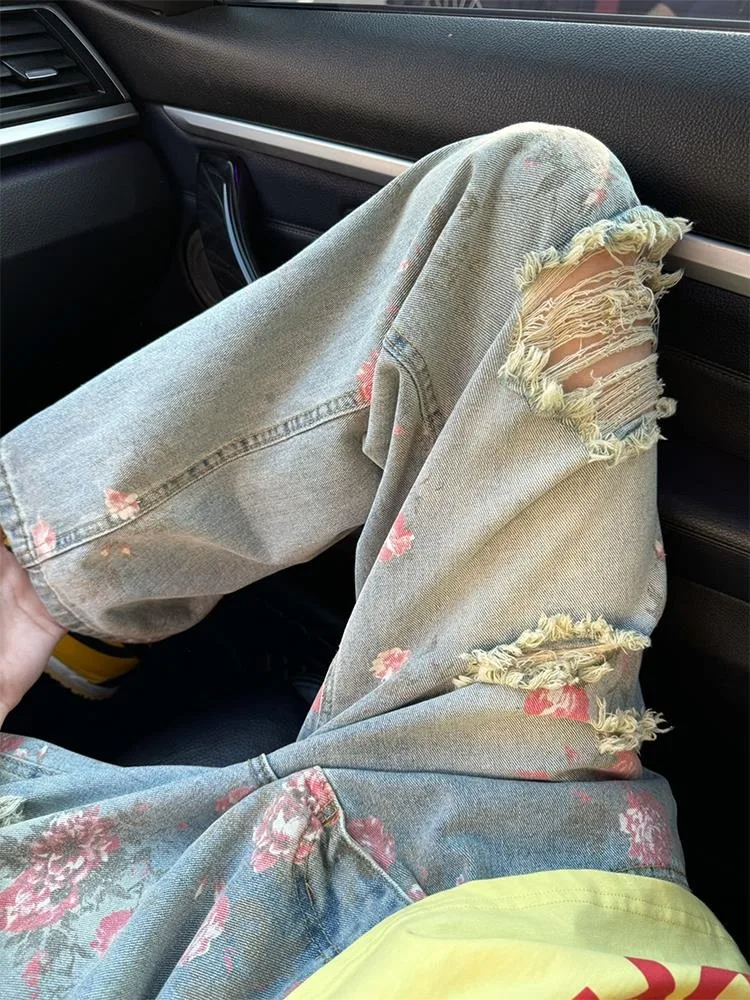 ローズフルプリントリッピングジーンズ女性の夏のスタイリッシュなハイエンドカーブナイフパンツハイストリートストレートレッグマイクロフレアパンツ