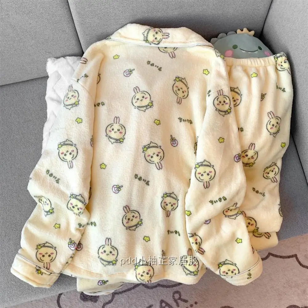 Usagi الفتيات سميكة ملابس المنزل 2 قطعة لطيف النساء الشتاء أفخم منامة مجموعة الكرتون Chiikawa Hachiware Kawaii ملابس نوم دافئة