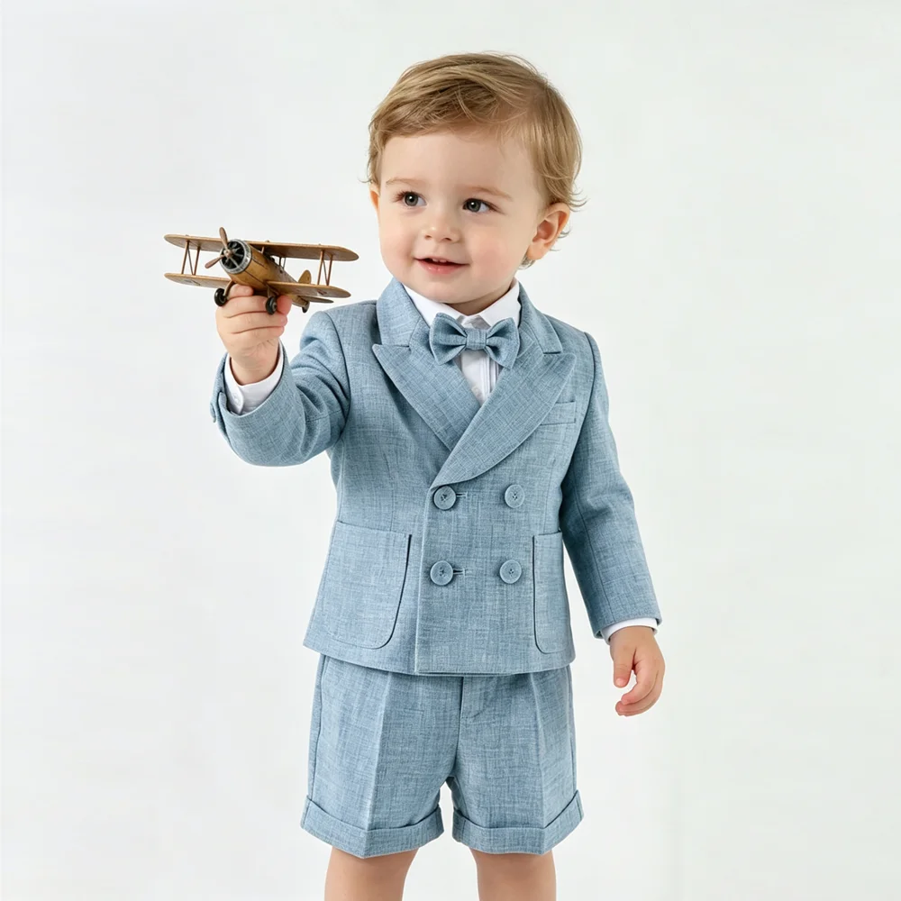 Boys Light Blue Linen Suit 3Pcs Double Breasted Blazer Suspender Shorts Bow Tie Toddler Wedding Birthday Formal Gentleman Outfit