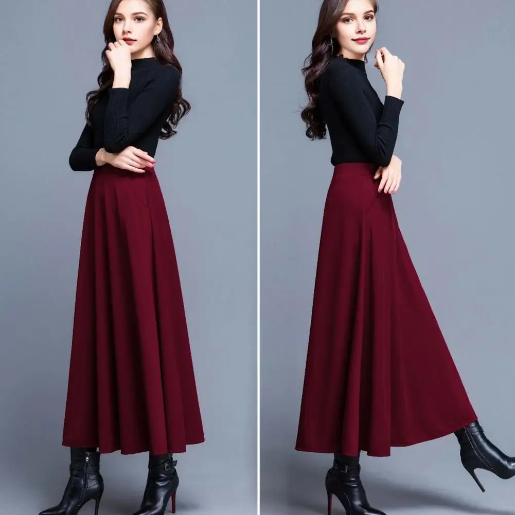 Elegant Women A-line Maxi Skirt Elastic Waist Solid Color Large Hem A-Line Skirt with Pockets Solid Color Swing Skirt Streetwear