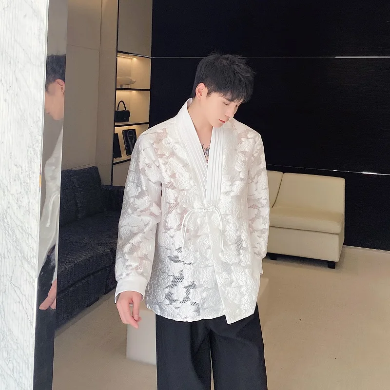 

Spring New Chinese Sle irt Men's Faion V-Ne Design Sense Retro Thin irt Youth ular Long Sve Loose Fit