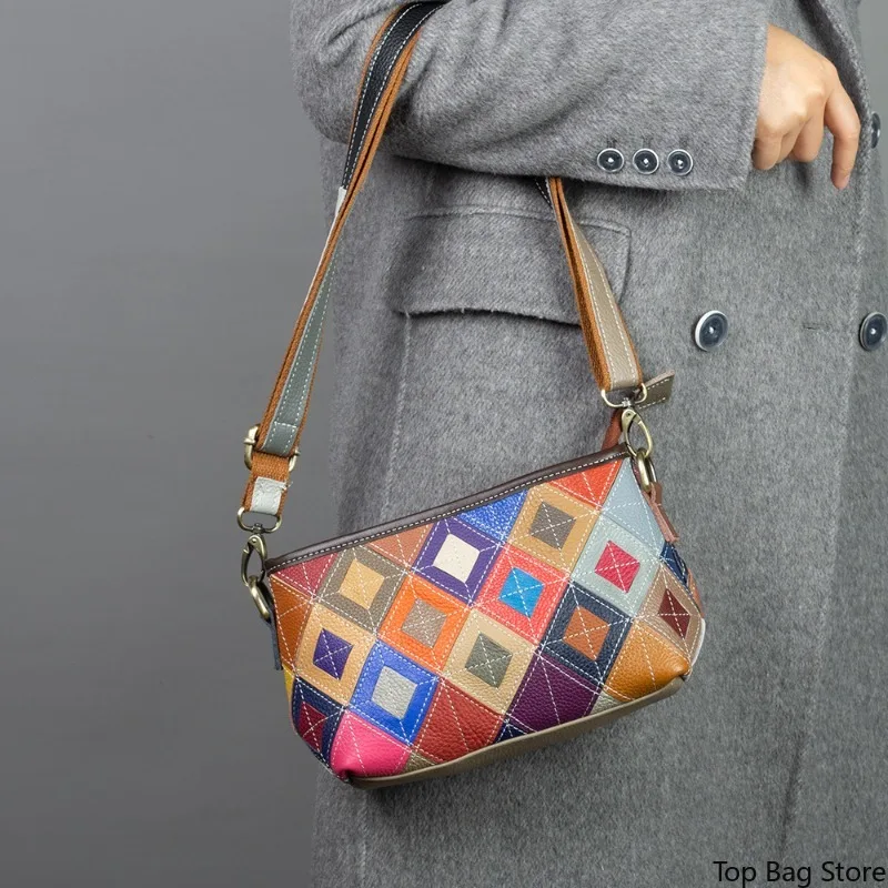 Vintage Elegant Everyday Shoulder Bag for Women Genuine Leather Handcrafted Bohemian Color Block Adjustable Strap Luxury