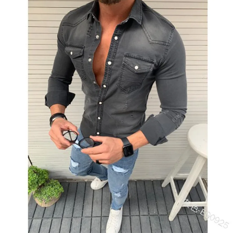 Simple Men's Denim Shirt Casual Fashion Button-down Double Pocket Decoration Slim-fit Washed Denim Long-sleeved Jacket