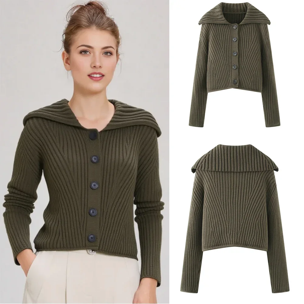 

Женский вязаный кардиган, пальто, осенний новый стиль, зеленое пальто в стиле милитари с длинными рукавами и пуговицами, украшенное воротником, вязаная куртка, повседневная
