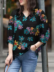 ZANZEA-camisa estampada floral para mulher, decote em v, manga 3/4, blusa boêmia, vintage, casual, túnica solta, feriado, verão, 2024