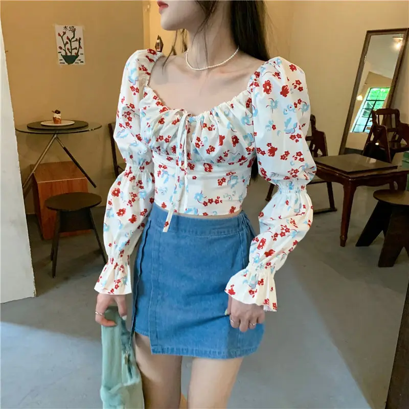 Women Blouses Floral Square Collar Puff Long Sleeve Lace-up Folds Bow French Fashion Elegant Ins Holiday Retro Slim Spring Chic