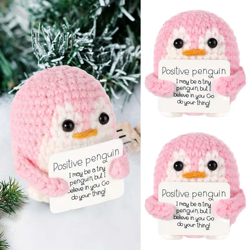 Cute Cartoon Positive Penguin Doll Funny Knitted Penguin Doll with Card for Family Friend Emotional Support Gift Cheer Up Doll