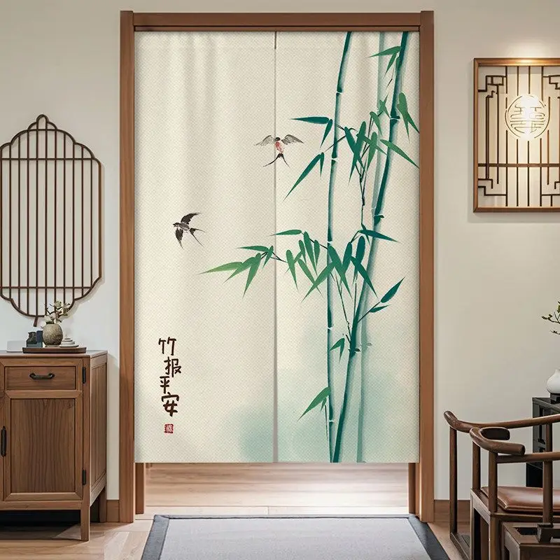 Cortina Noren Estilo Zen VIKAMA, Tela con Estampado Oriental de Bambú y Loto, Separador de Ambientes, Biombo de Privacidad, Decoración para Sala de Té, Entrada del Hogar
