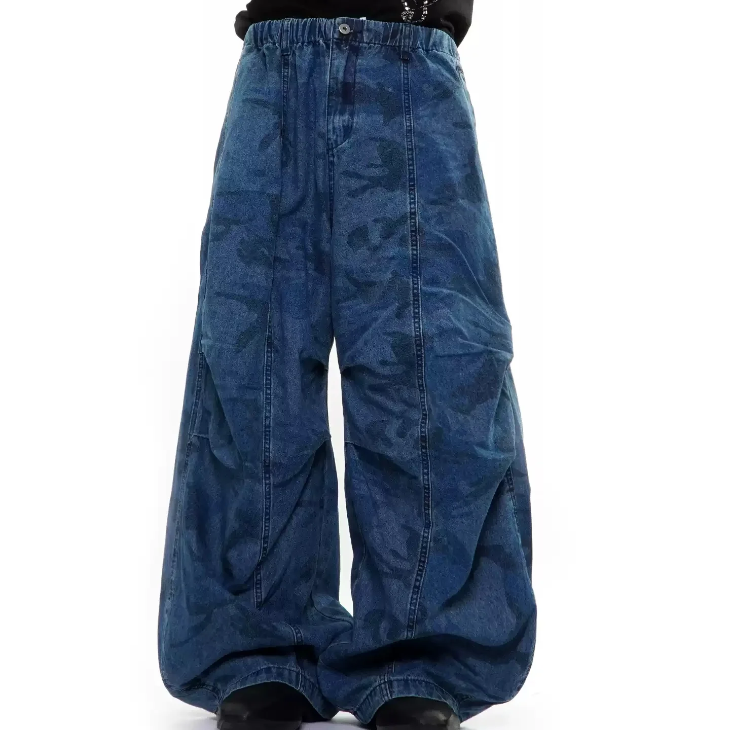 

American Style High Street Pleated Blue Camouflage Cargo Pants Unisex Loose Straight Casual Wide Leg Full Length Jeans