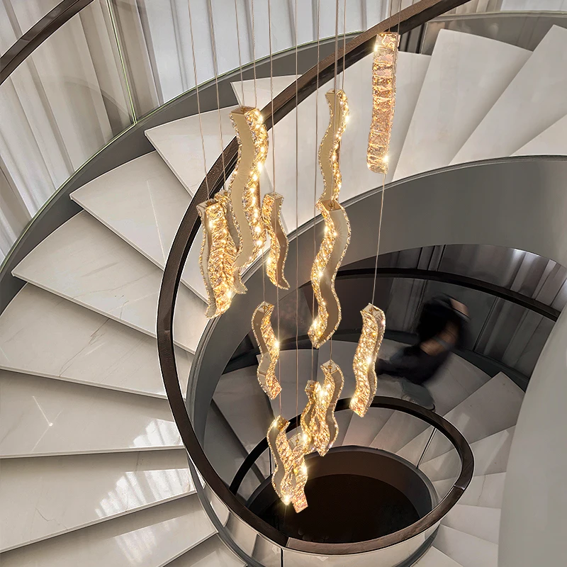 

BOSSEN Dimmable adjustable Pendant Light Modern Chandelier lustre Gold Wavy K9 Crystal Ceiling Lamp for Interior staircases