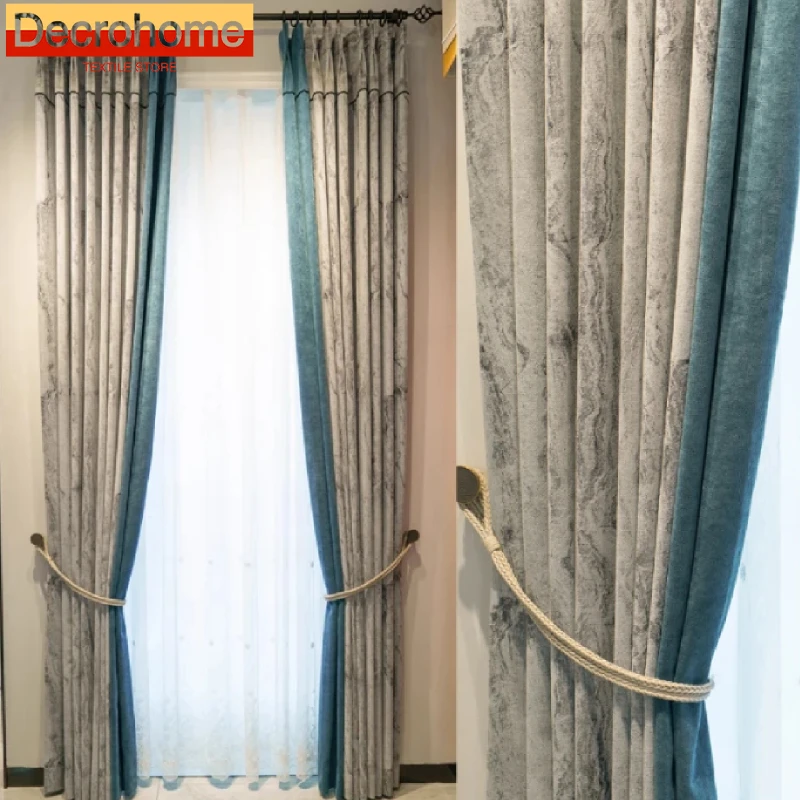 Grey Window Screen Marble Jacquard Thickened Chenille Patched Curtains for Bedroom Living Room French Window Customized Products