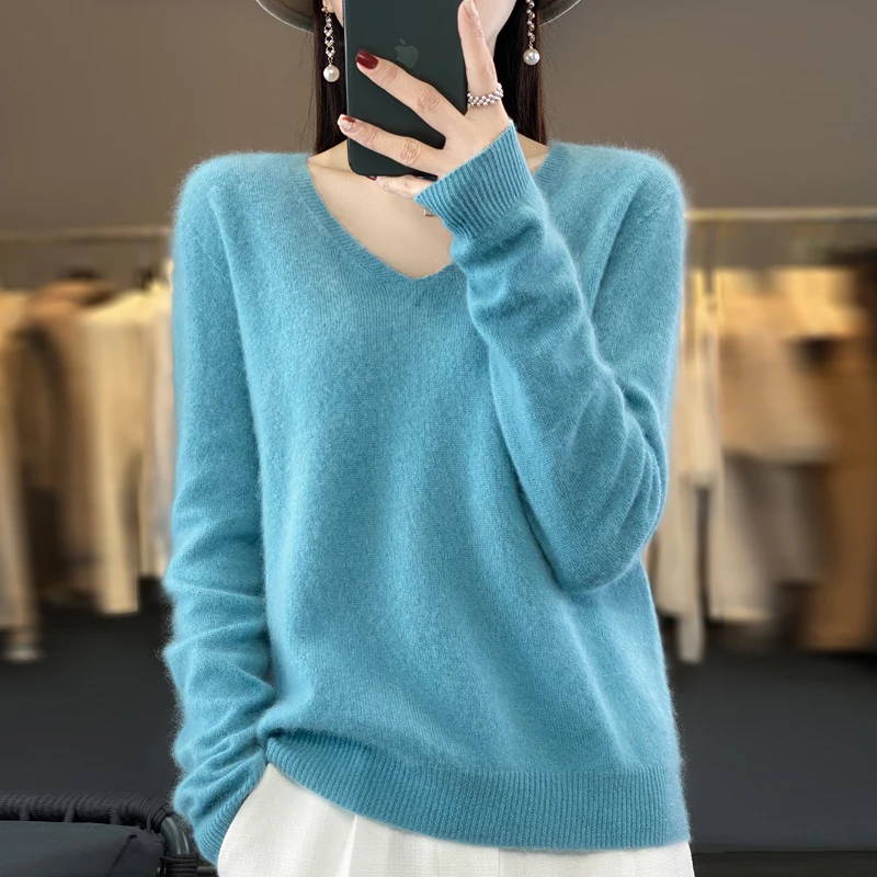 100% Wool Cashmere Sweater Women\'s 2023 Autumn/Winter New V-neck Knitted Pullover Solid Color Long Sleeve Soft Comfortable Top