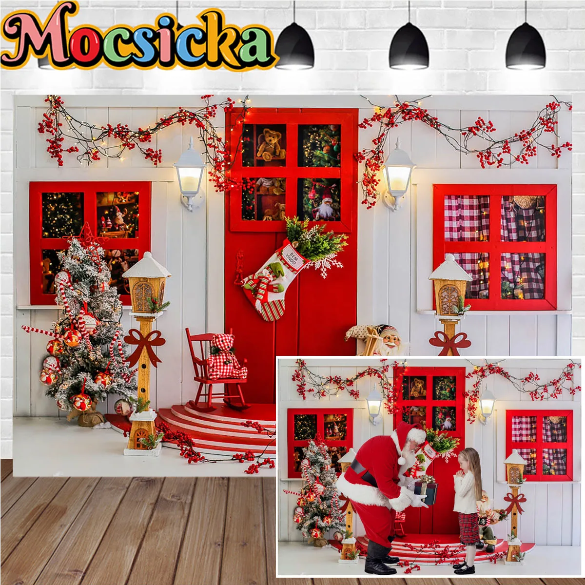 

Red Santa Claus Wooden House Decor Background Street Lights Socks Windows Backdrop Prop Studio Winter Zone Photography Supplies