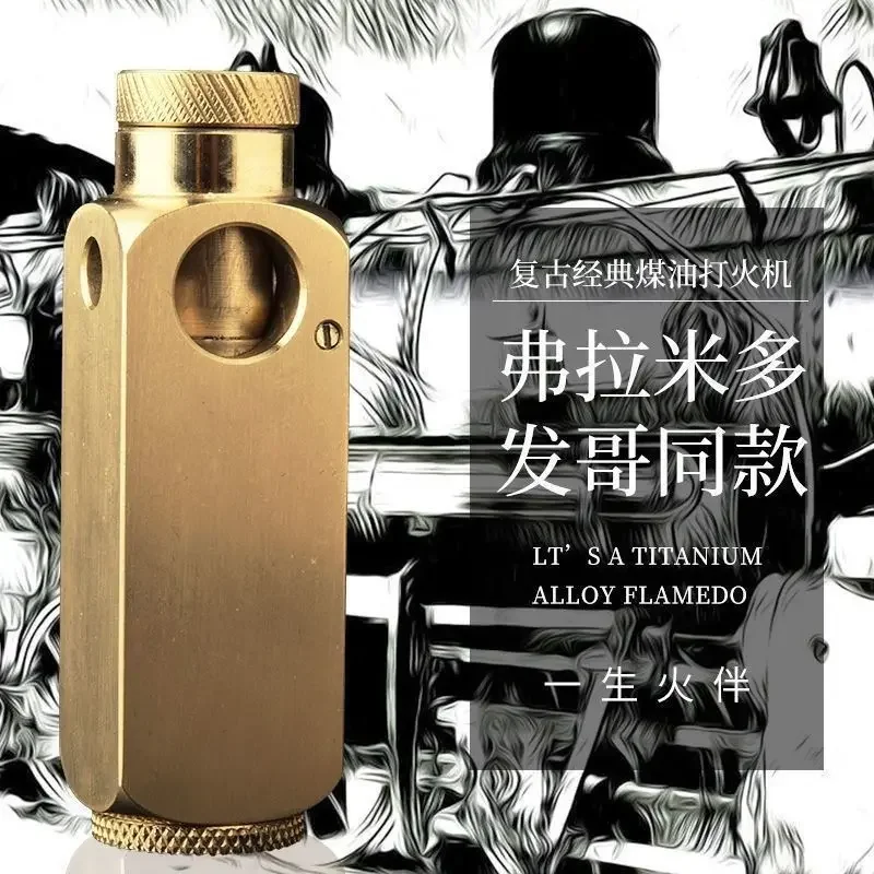 Handmade Brass Flamido Kerosene Lighter, Windproof Retro Vintage Personalized Stretch Side Skid Grinding Wheel