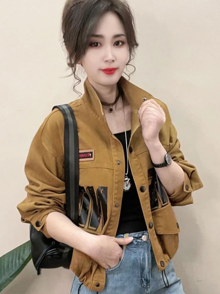 Pure Cotton Spring Autumn ort Jaet Women's Faionable Stand Collar Denim Outerwear Unique Small Size Ladies Top