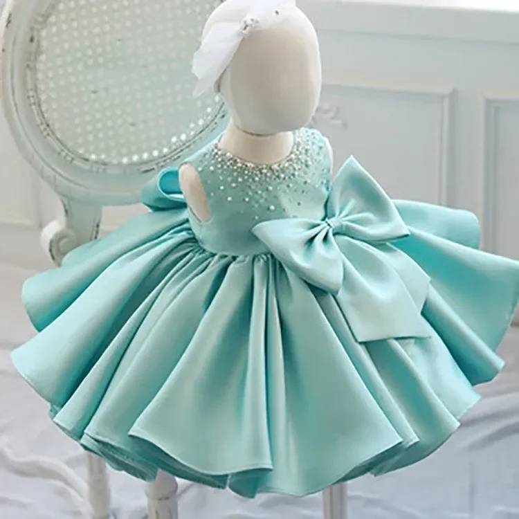 Girl\'s Bow Summer Girl Dress Bow Long Ball Gown Sleeveless Birthday Princess Dress Pearl  Birthday Party Evening Dress 1-10 Y