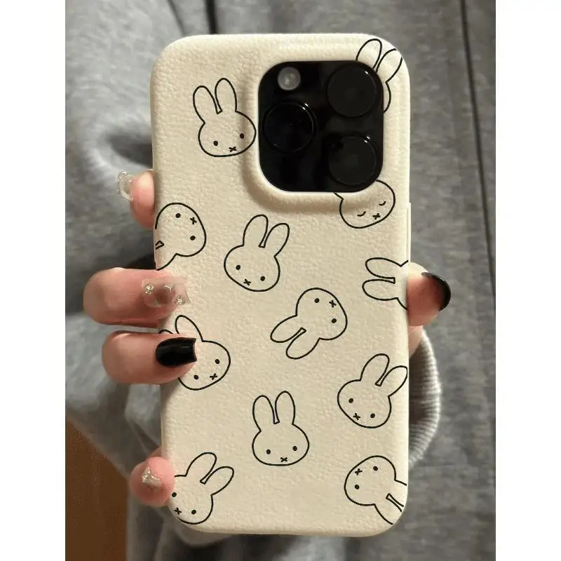 Creative Miffy Head IPhone Case Faux Leather Cover with Large Cutouts for IPhone 17Pro/16/15/14Pro/13 Trendy Retro Design Soft