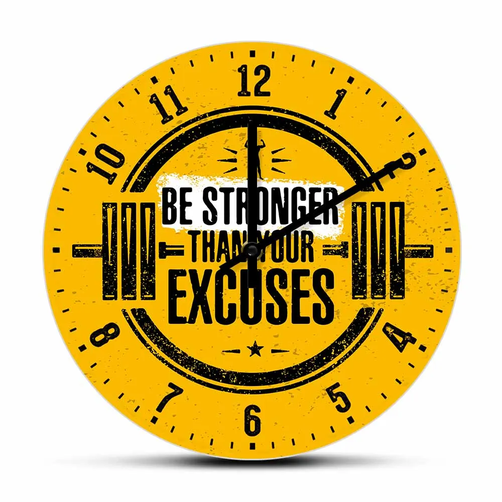 Be Stronger Than Your Excuses Weightlifting Wall Clock For Home GYM Fitness Center Motivational Quote Work Out Decor Wall Watch