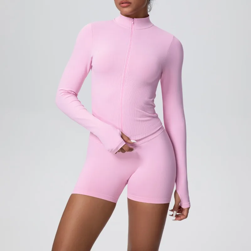 

High Waist Hip Lift Tight Yoga Set Shorts Long Sleeve Zipper Jacket Outfit Women's Running Casual Workout Clothes Gym Yoga Suit