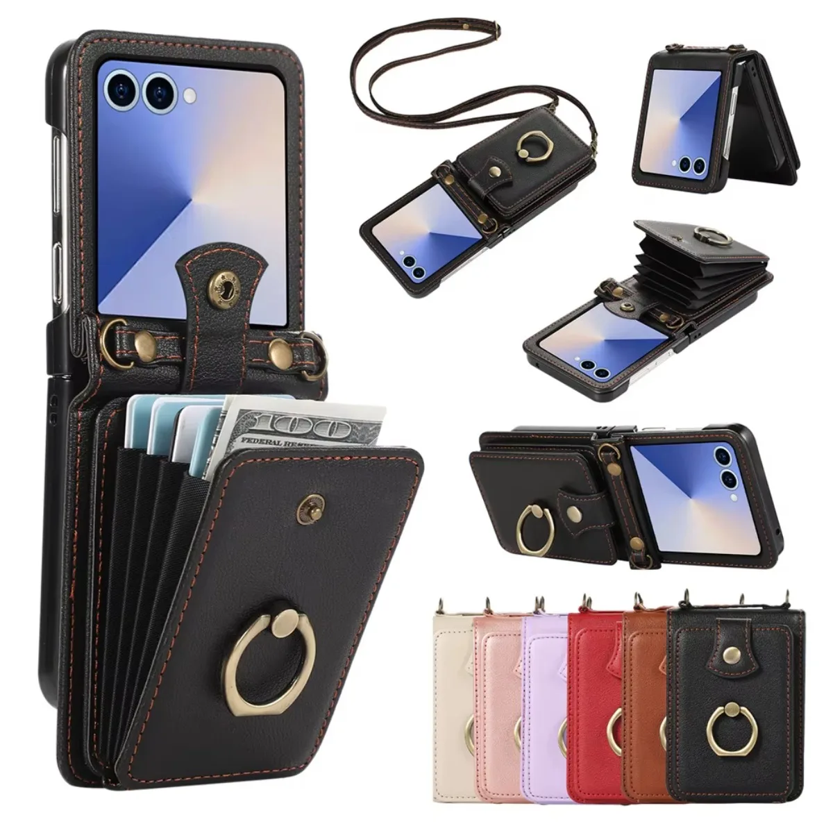 Soporte de anillo cruzado de cuero con ranura para tarjetas, funda de teléfono tipo billetera para Samsung Galaxy Z Flip 7 6 5 4 3 Flip7 FE, cubierta protectora de bisagra