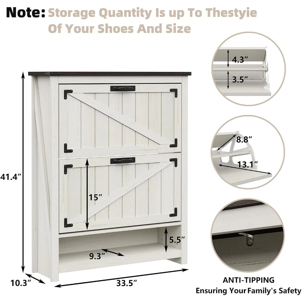خزانة أحذية مع درجين قابلين للطي، رف أحذية للمزرعة لمدخل الباب الأمامي، تخزين خزانة الأحذية البيضاء الريفية