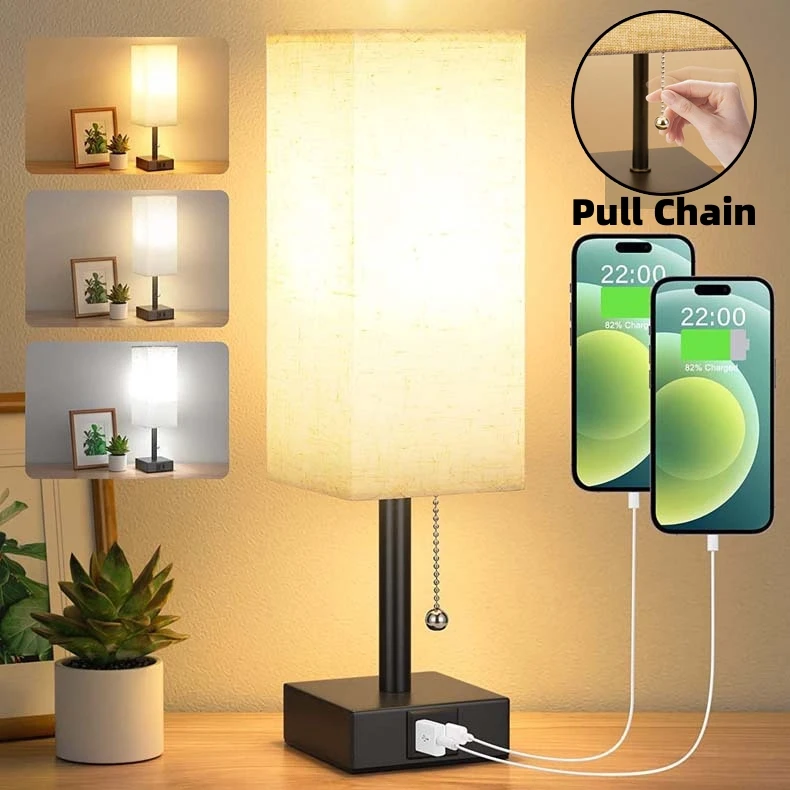 

3 Lighting Modes Touch LED Table Lamp with USB Ports Bedside Table Lamp with Flaxen Fabric Shade for Bedroom Office Living Room