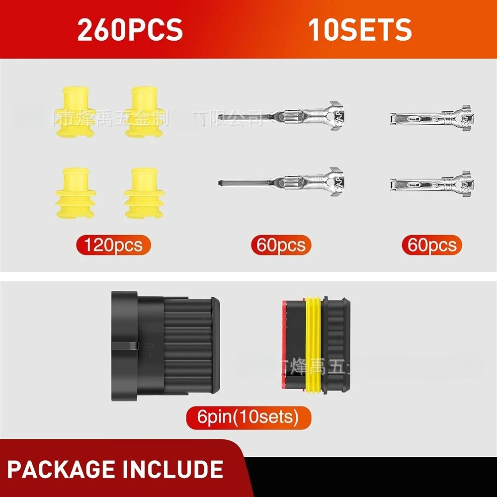 260Pcs 6 Pin 1.5 Series AMP Automotive Waterproof Connector Kit, Male Female Waterproof Plug for Car Motorcycle LED Light