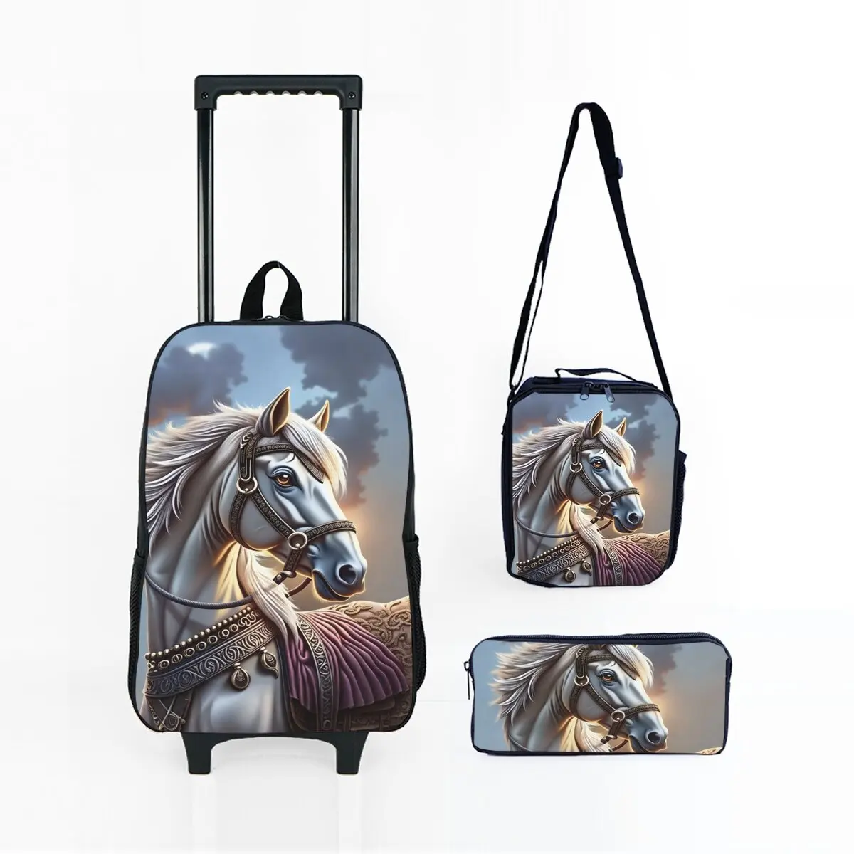 

Horse Print Wheeled Rolling Bag Set with Lunch Box Pen Bag with Wheels School Trolley Backpack Bag for Girl/Boys