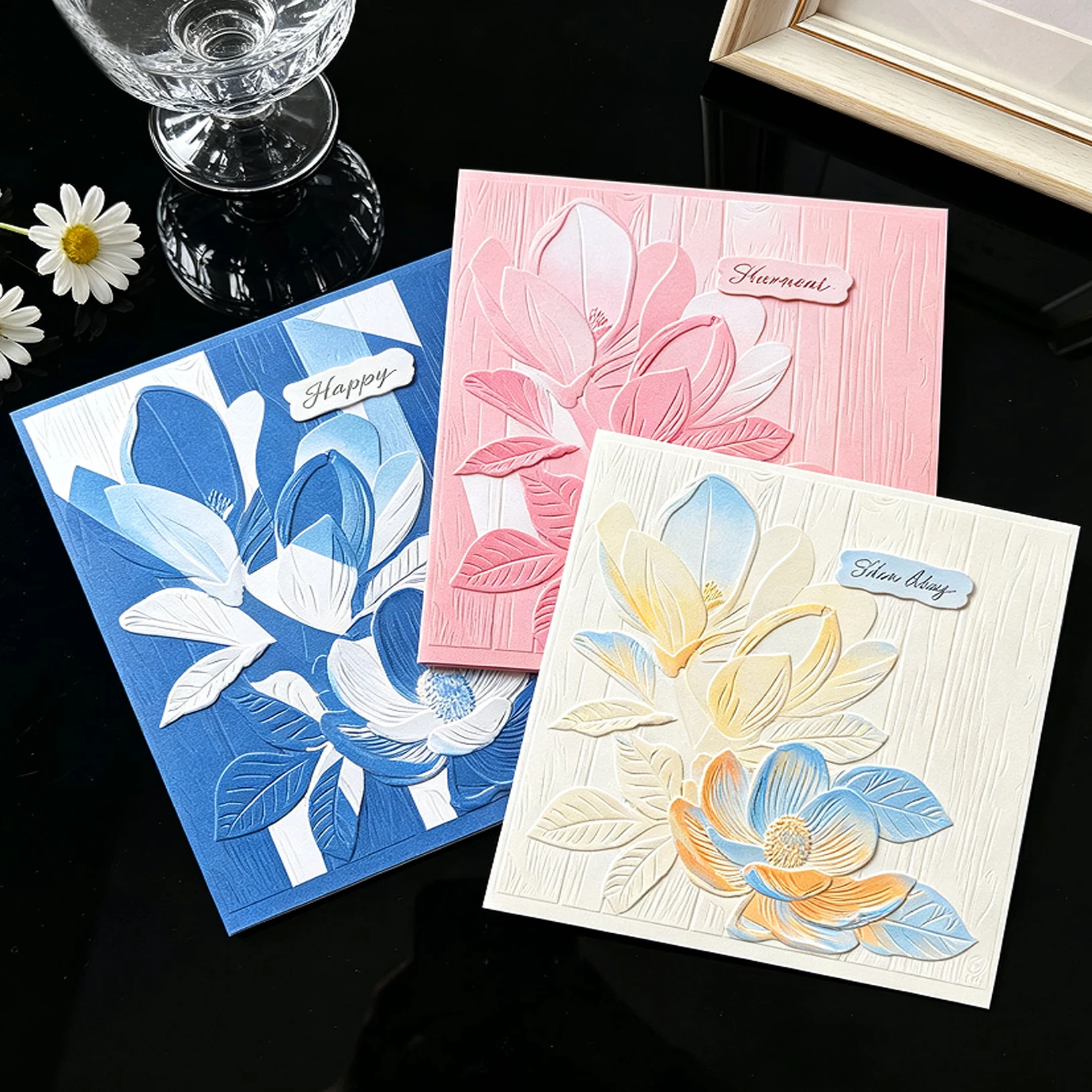 Wooden bottom magnolia three-dimensional embossing template, handmade greeting card with concave convex texture, DIY decoration