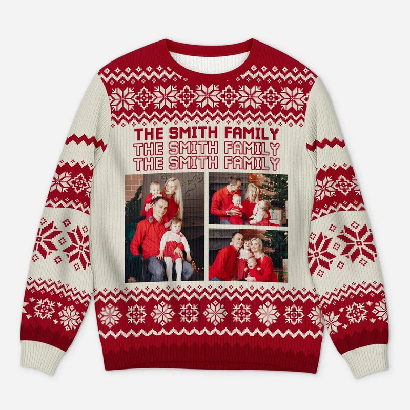 2027 Family Photo Print Ugly Christmas Sweater Personal Names and Festive Crewneck Prints Holiday Sweaters for Matching Gifts