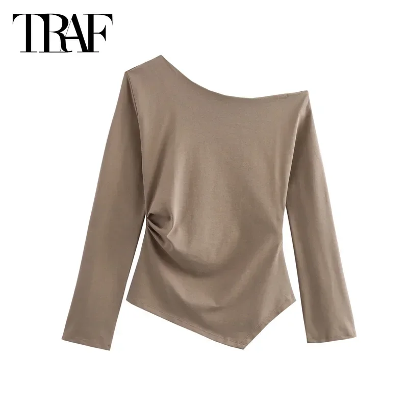 TRAF 2024 Women Top Asymmetrical Pleated Pullovers Autumn Elegant Ladies Khaki Tops Fashion Casual Long Sleeve White Black Tops