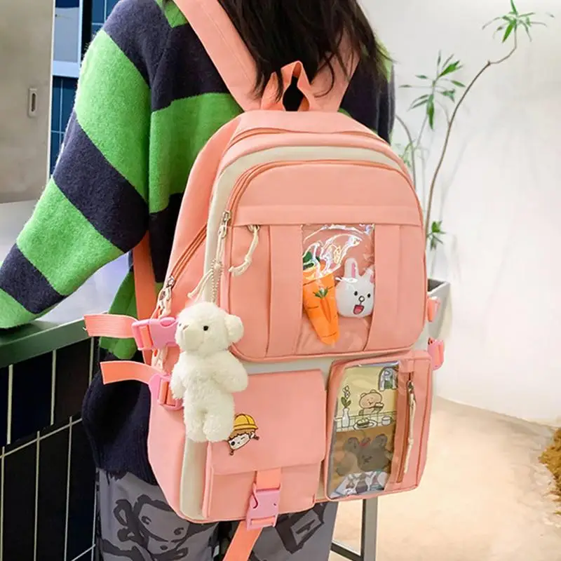 Kawaii Backpack For School 4pcs/set Girls Backpack Set Large Capacity Schoolbag With Kawaii Pin And Accessories Student Travel